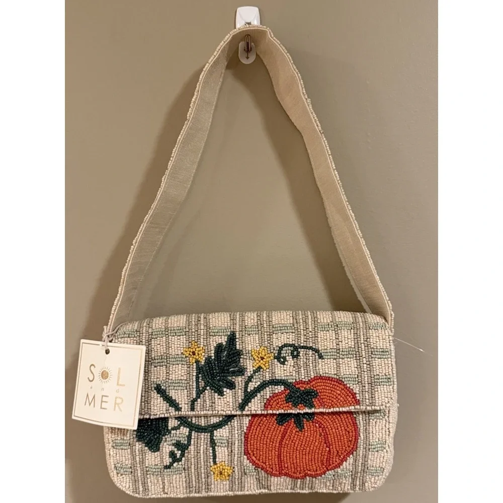 Sol and Mer Small Beaded Fall Pumpkin Vine Handbag Snap Closure Beige Multi NWT